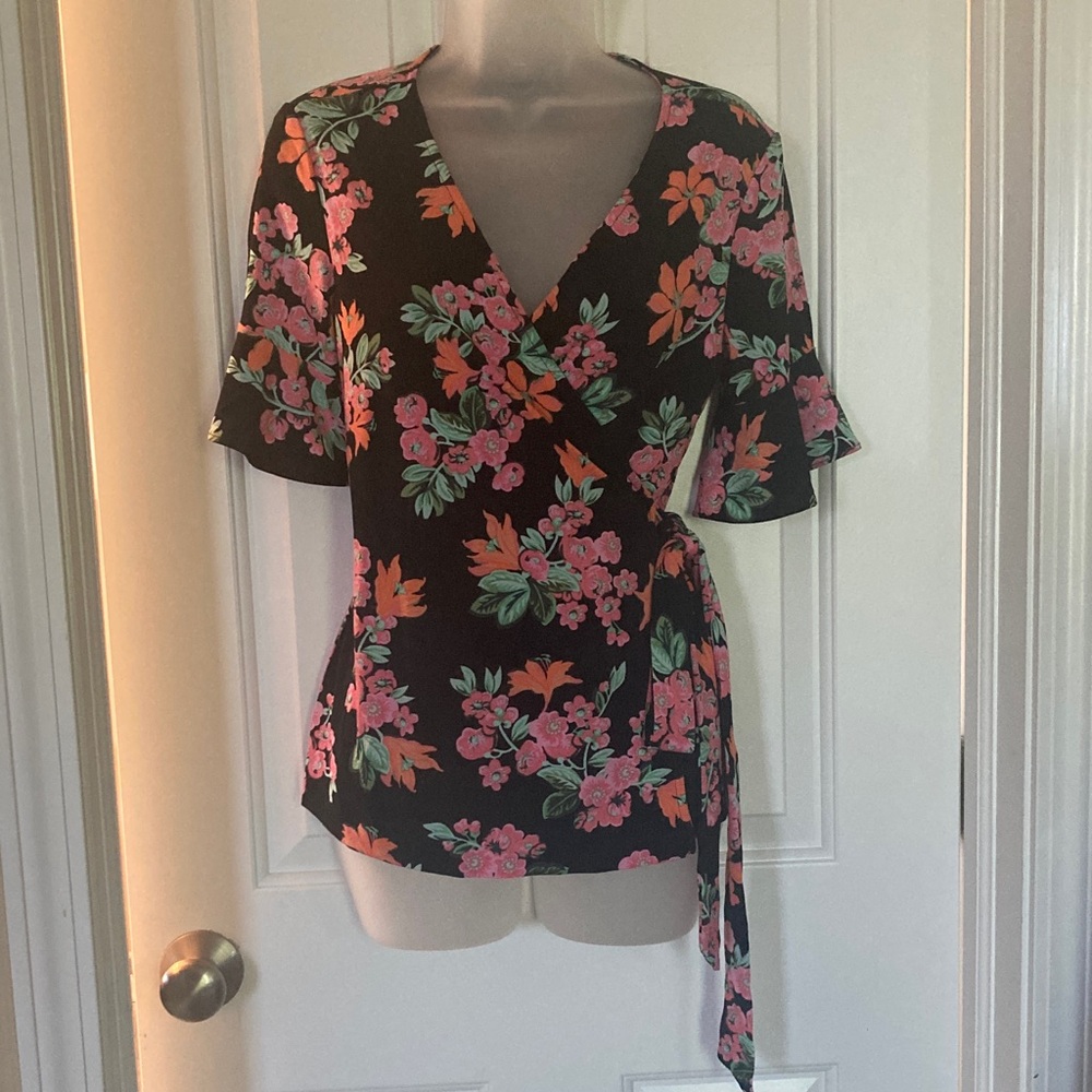Ann Taylor Black Wrap Blouse with Pink & Green Floral Print